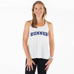 Woman wearing a white tank top with 'RUNNER' printed on it against a white background