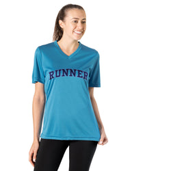 Woman wearing a blue 'RUNNER' t-shirt on a white background
