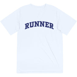 White t-shirt with 'RUNNER' printed in blue on a white background