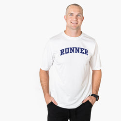 Man wearing a white t-shirt with 'RUNNER' printed on it against a white background