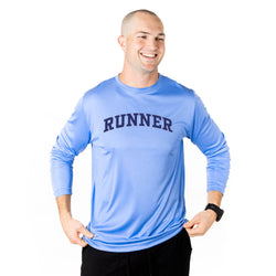Man wearing a blue long-sleeve shirt with 'RUNNER' printed on it against a white background