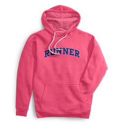 Pink hoodie with 'RUNNER' text on a white background