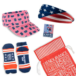 Collection of patriotic-themed products including socks, visor, headband, and drawstring bag on a white background.