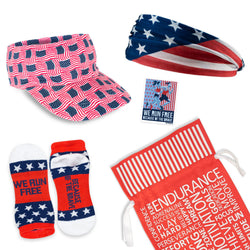 Collection of patriotic-themed products including socks, a visor, a headband, a sticker, and a red gift bag on a white background.