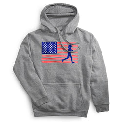 Gray hoodie with American flag and running woman graphic on a white background