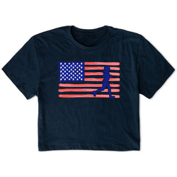 Navy blue t-shirt with American flag and running person graphic on a white background