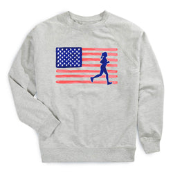 Gray sweatshirt with American flag and running woman graphic on a white background