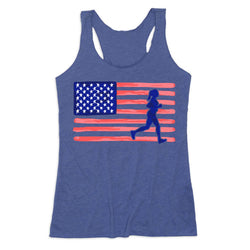 Blue tank top with American flag and running silhouette design on a white background