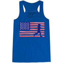 Blue tank top with American flag and running silhouette design on a white background