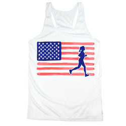 White tank top with American flag and running woman graphic on a white background