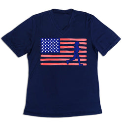 Navy blue t-shirt with American flag and running person graphic on a white background