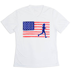 White t-shirt with American flag and running person design on a white background