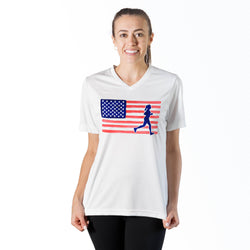 Woman wearing a white t-shirt with an American flag and running silhouette design on a white background