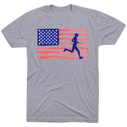 Gray t-shirt with American flag and running person graphic on a white background