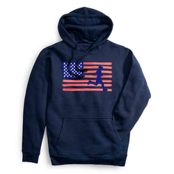 Navy hoodie with American flag and running person graphic on a white background