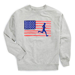 Gray sweatshirt with American flag and running person graphic on a white background