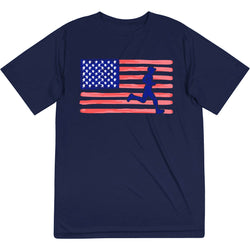 Navy blue t-shirt with American flag and running person graphic on a white background