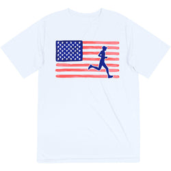 White t-shirt with American flag and running person graphic on a white background