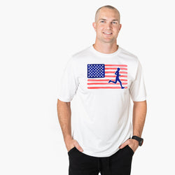 Man wearing a white t-shirt with an American flag and running person graphic on a white background