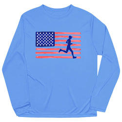 Blue long-sleeve shirt with American flag and running silhouette design on a white background