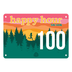 Race number with 'happy hour 5K/10K' text and a runner silhouette against a sunset background.