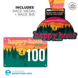 Race bib and medal with 'happy hour' design and 'Gone for a Run' branding.