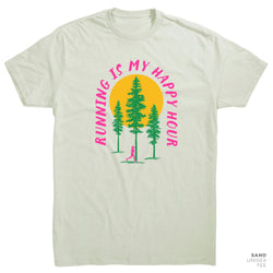 Beige t-shirt with 'Running is my happy hour' graphic design featuring trees and a sun.