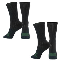 Two pairs of black socks with green accents on a white background