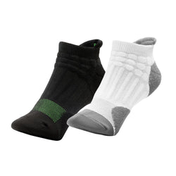 Black and white socks with green accents on a white background