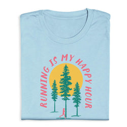 Light blue t-shirt with 'Running is my happy hour' design featuring trees and a sun.