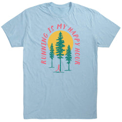 Light blue t-shirt with 'Running is my happy hour' graphic design on a white background