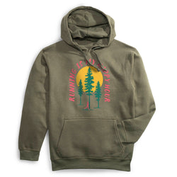 Green hoodie with nature-themed happy hour running graphic on a white background