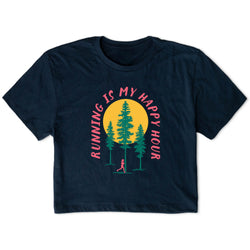 Navy blue t-shirt with 'Running is my happy hour' graphic design on a white background