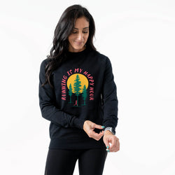 Woman wearing a black sweatshirt with a nature-themed happy hour design on a white background