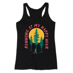 Black tank top with 'Running is my happy hour' graphic design on a white background