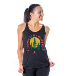 Woman wearing a black tank top with 'Running is my happy hour' design on a white background