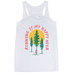 White tank top with 'Running is my happy hour' graphic design on a white background