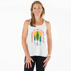 Woman wearing a white tank top with a nature-themed happy hour design on a white background