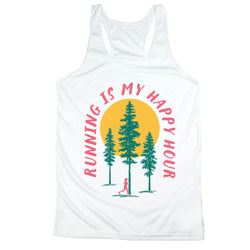 White tank top with 'Running is My Happy Hour' design featuring trees and a sun.