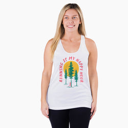 Woman wearing a white tank top with a nature-themed happy hour design and text.