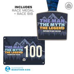 Race medal and bib with 'The Man, The Myth, The Legend' text on a white background