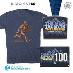 Blue t-shirt with Bigfoot graphic, race medal, and bib with text The Man, The Myth, The Legend on a white background