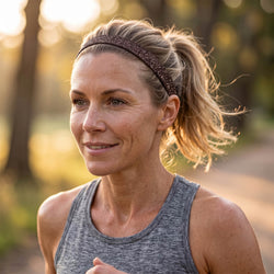 Woman running outdoors with a glittered headband on a blurred natural background