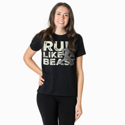 Woman wearing a black t-shirt with 'RUN LIKE BEAST' text and graphic on a white background