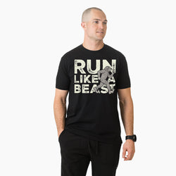 Man wearing a black t-shirt with 'RUN LIKE A BEAST' text and graphic on a white background