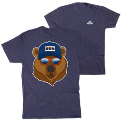 Navy blue t-shirt with bear graphic wearing a cap and sunglasses on a white background