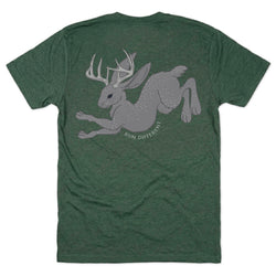 Green t-shirt with a gray graphic of a jackalope and text on the back, on a white background.