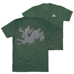 Green t-shirt with a jackalope graphic on the back, displayed flat.