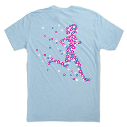 Light blue t-shirt with a colorful floral running woman design on the back against a white background