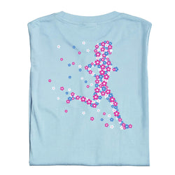Light blue shirt with a colorful floral running woman design on a white background